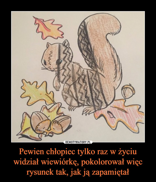 Pewien chłopiec tylko raz w życiu widział wiewiórkę, pokolorował więc rysunek tak, jak ją zapamiętał –  