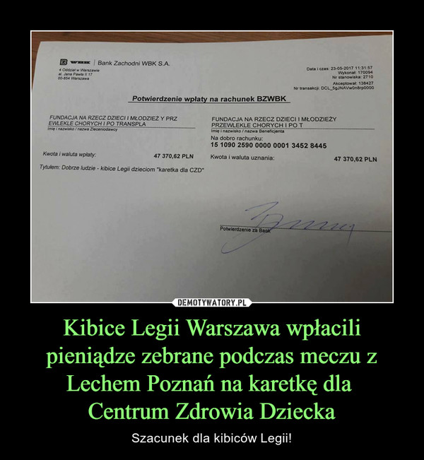 Kibice Legii Warszawa wpłacili pieniądze zebrane podczas meczu z Lechem Poznań na karetkę dla 
Centrum Zdrowia Dziecka
