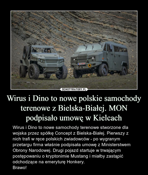 Wirus i Dino to nowe polskie samochody terenowe z Bielska-Białej. MON podpisało umowę w Kielcach