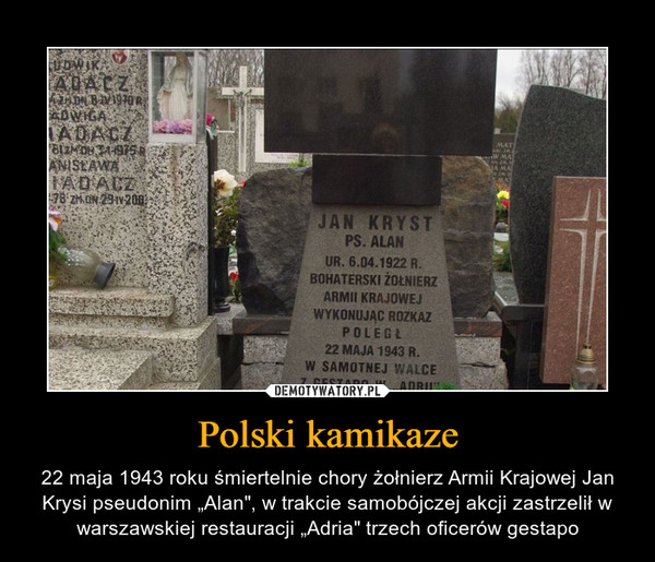 Polski kamikaze – 22 maja 1943 roku śmiertelnie chory żołnierz Armii Krajowej Jan Krysi pseudonim „Alan", w trakcie samobójczej akcji zastrzelił w warszawskiej restauracji „Adria" trzech oficerów gestapo 
