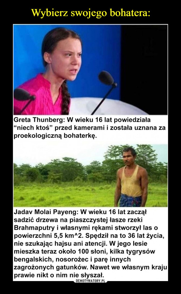  –  Greta Thunberg: W wieku 16 lat powiedziała "niech ktoś" przed kamerami i została uznana za proekologiczną bohaterkę. Jadav Molai Payeng: W wieku 16 lat zaczął sadzić drzewa na piaszczystej łasze rzeki Brahmaputry i własnymi rękami stworzył las o powierzchni 5,5 km^2. Spędził na to 36 lat życia, nie szukając hajsu ani atencji. W jego lesie mieszka teraz około 100 słoni, kilka tygrysów bengalskich, nosorożec i parę innych zagrożonych gatunków. Nawet we własnym kraju prawie nikt o nim nie słyszał.