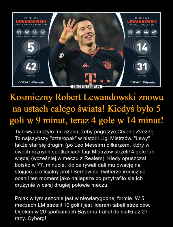 Kosmiczny Robert Lewandowski znowu na ustach całego świata! Kiedyś było 5 goli w 9 minut, teraz 4 gole w 14 minut!
