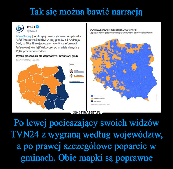 Po lewej pocieszający swoich widzów TVN24 z wygraną według województw, a po prawej szczegółowe poparcie w gminach. Obie mapki są poprawne –  TVN24 Czas Decyzji W drugiej turze wyborów prezydenckich Rafał Trzaskowski zdobył więcej głosów od Andrzeja Dudy w 10 z 16 województw wynika z informacji Państwowej Komisji Wyborczej p analizie danych z 99,87 procent obwodów. Wyniki wyborów prezydenckich 2020 II tura
