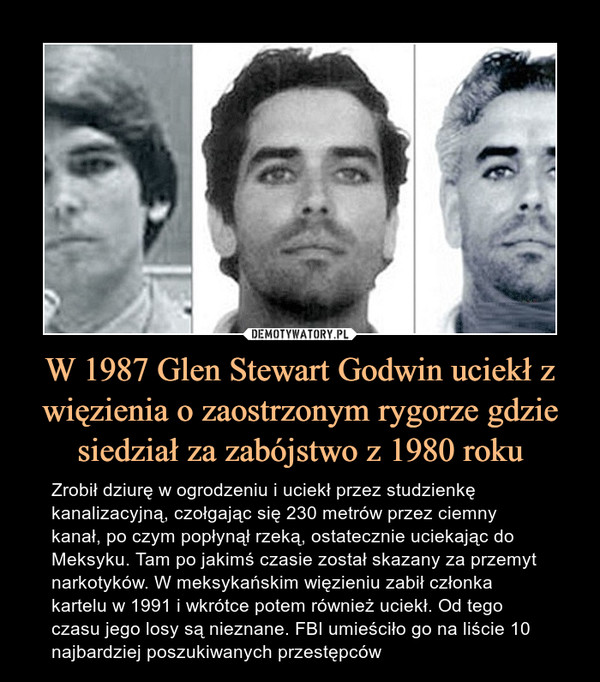 W 1987 Glen Stewart Godwin uciekł z więzienia o zaostrzonym rygorze gdzie siedział za zabójstwo z 1980 roku – Zrobił dziurę w ogrodzeniu i uciekł przez studzienkę kanalizacyjną, czołgając się 230 metrów przez ciemny kanał, po czym popłynął rzeką, ostatecznie uciekając do Meksyku. Tam po jakimś czasie został skazany za przemyt narkotyków. W meksykańskim więzieniu zabił członka kartelu w 1991 i wkrótce potem również uciekł. Od tego czasu jego losy są nieznane. FBI umieściło go na liście 10 najbardziej poszukiwanych przestępców 