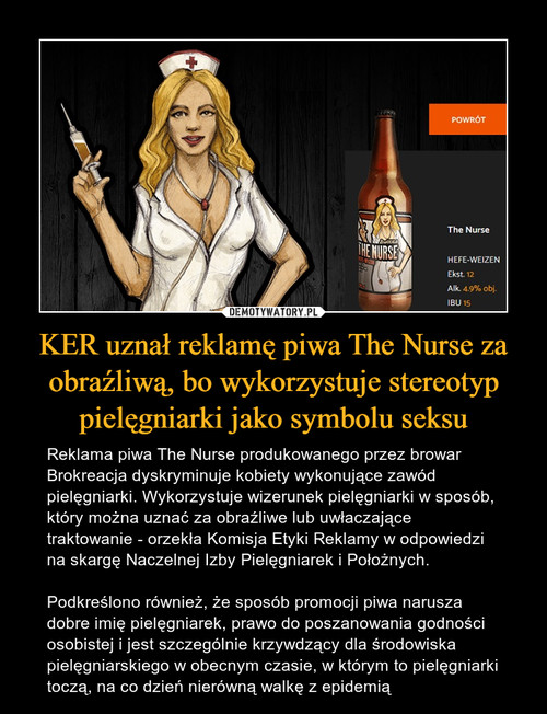 KER uznał reklamę piwa The Nurse za obraźliwą, bo wykorzystuje stereotyp pielęgniarki jako symbolu seksu