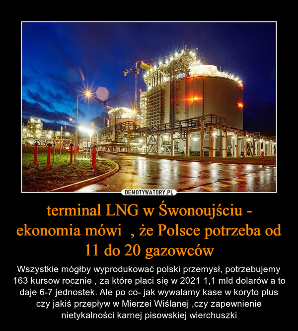 terminal LNG w Śwonoujściu - ekonomia mówi  , że Polsce potrzeba od 11 do 20 gazowców