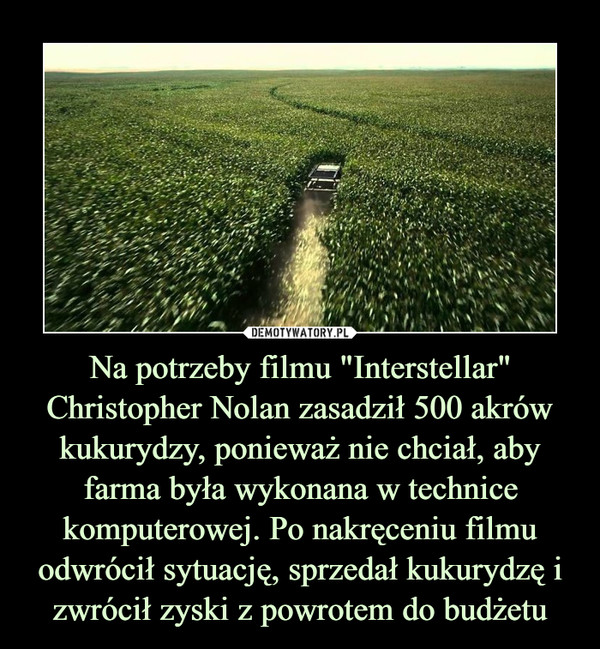 Na potrzeby filmu "Interstellar" Christopher Nolan zasadził 500 akrów kukurydzy, ponieważ nie chciał, aby farma była wykonana w technice komputerowej. Po nakręceniu filmu odwrócił sytuację, sprzedał kukurydzę i zwrócił zyski z powrotem do budżetu –  