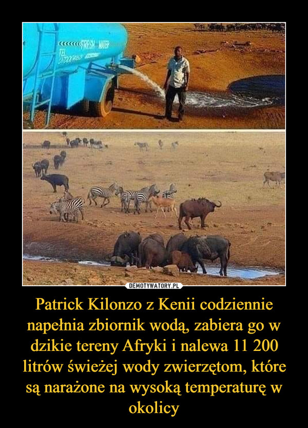 Patrick Kilonzo z Kenii codziennie napełnia zbiornik wodą, zabiera go w dzikie tereny Afryki i nalewa 11 200 litrów świeżej wody zwierzętom, które są narażone na wysoką temperaturę w okolicy –  