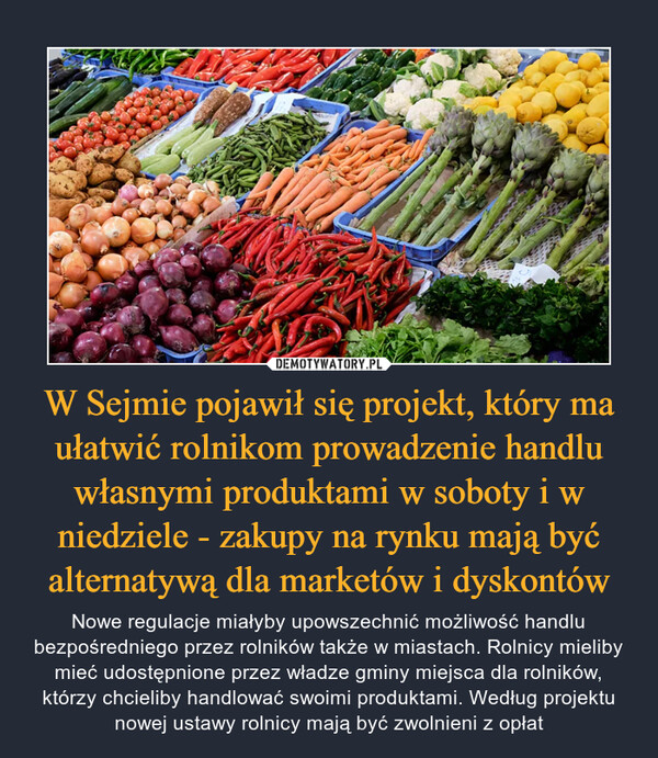 W Sejmie pojawił się projekt, który ma ułatwić rolnikom prowadzenie handlu własnymi produktami w soboty i w niedziele - zakupy na rynku mają być alternatywą dla marketów i dyskontów