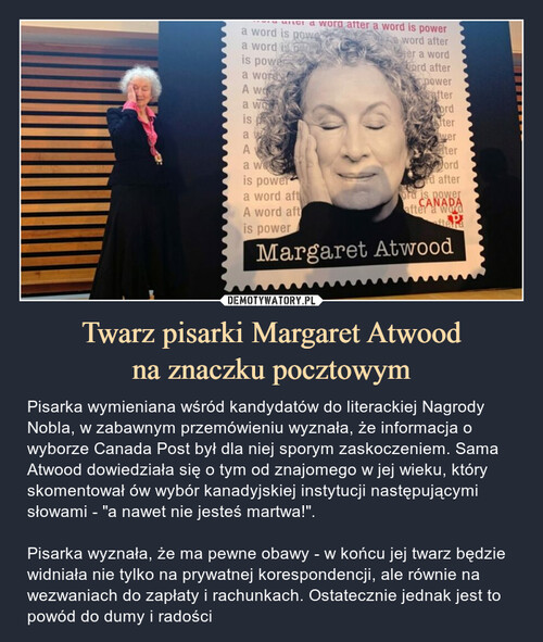 Twarz pisarki Margaret Atwood
na znaczku pocztowym