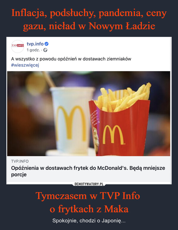 Tymczasem w TVP Info o frytkach z Maka – Spokojnie, chodzi o Japonię... A wszystko z powodu opóźnień w dostawach ziemniakówOpóźnienia w dostawach frytek do McDonald's. Będą mniejsze porcje