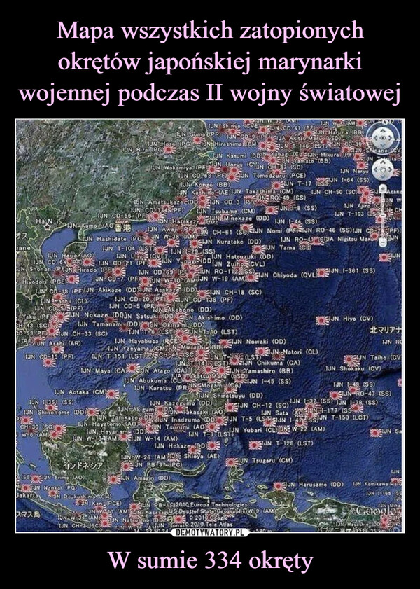 Mapa wszystkich zatopionych okrętów japońskiej marynarki wojennej podczas II wojny światowej W sumie 334 okręty