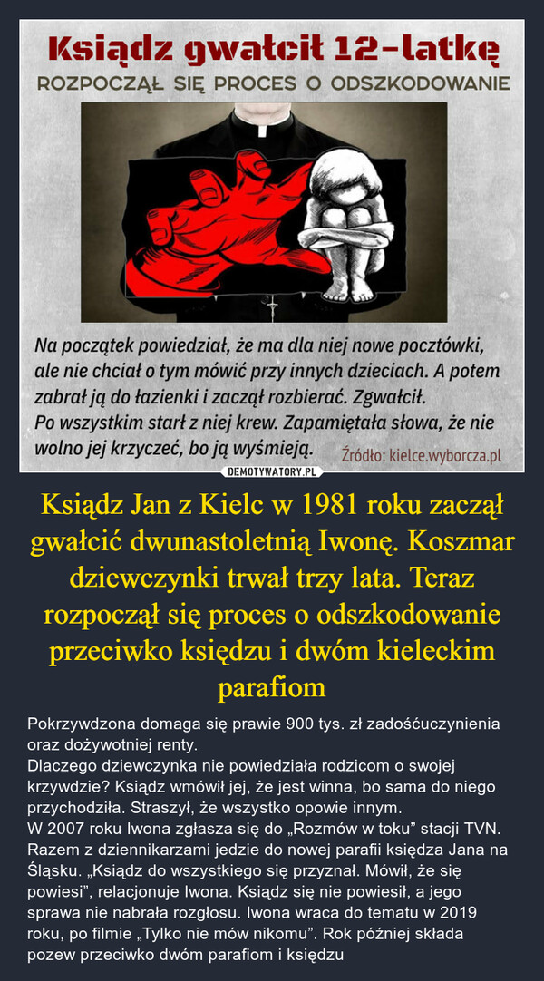 Ksiądz Jan z Kielc w 1981 roku zaczął gwałcić dwunastoletnią Iwonę. Koszmar dziewczynki trwał trzy lata. Teraz rozpoczął się proces o odszkodowanie przeciwko księdzu i dwóm kieleckim parafiom