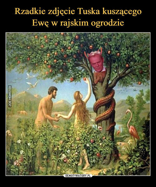 Rzadkie zdjęcie Tuska kuszącego Ewę w rajskim ogrodzie