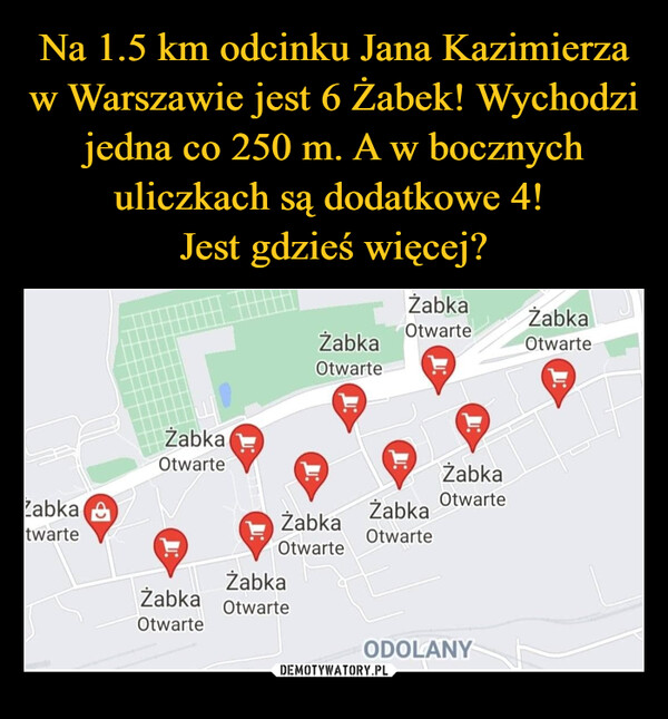 Na 1.5 km odcinku Jana Kazimierza w Warszawie jest 6 Żabek! Wychodzi jedna co 250 m. A w bocznych uliczkach są dodatkowe 4! 
Jest gdzieś więcej?
