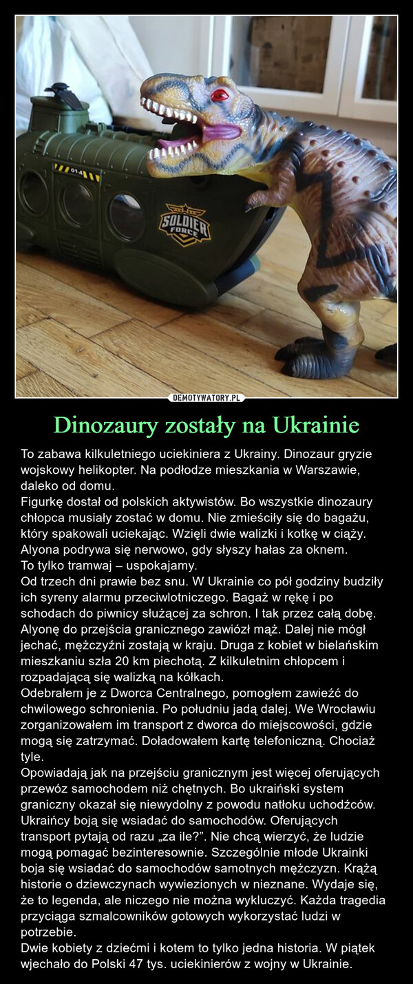 Dinozaury zostały na Ukrainie – To zabawa kilkuletniego uciekiniera z Ukrainy. Dinozaur gryzie wojskowy helikopter. Na podłodze mieszkania w Warszawie, daleko od domu. Figurkę dostał od polskich aktywistów. Bo wszystkie dinozaury chłopca musiały zostać w domu. Nie zmieściły się do bagażu, który spakowali uciekając. Wzięli dwie walizki i kotkę w ciąży. Alyona podrywa się nerwowo, gdy słyszy hałas za oknem.To tylko tramwaj – uspokajamy.Od trzech dni prawie bez snu. W Ukrainie co pół godziny budziły ich syreny alarmu przeciwlotniczego. Bagaż w rękę i po schodach do piwnicy służącej za schron. I tak przez całą dobę. Alyonę do przejścia granicznego zawiózł mąż. Dalej nie mógł jechać, mężczyźni zostają w kraju. Druga z kobiet w bielańskim mieszkaniu szła 20 km piechotą. Z kilkuletnim chłopcem i rozpadającą się walizką na kółkach. Odebrałem je z Dworca Centralnego, pomogłem zawieźć do chwilowego schronienia. Po południu jadą dalej. We Wrocławiu zorganizowałem im transport z dworca do miejscowości, gdzie mogą się zatrzymać. Doładowałem kartę telefoniczną. Chociaż tyle. Opowiadają jak na przejściu granicznym jest więcej oferujących przewóz samochodem niż chętnych. Bo ukraiński system graniczny okazał się niewydolny z powodu natłoku uchodźców. Ukraińcy boją się wsiadać do samochodów. Oferujących transport pytają od razu „za ile?”. Nie chcą wierzyć, że ludzie mogą pomagać bezinteresownie. Szczególnie młode Ukrainki boja się wsiadać do samochodów samotnych mężczyzn. Krążą historie o dziewczynach wywiezionych w nieznane. Wydaje się, że to legenda, ale niczego nie można wykluczyć. Każda tragedia przyciąga szmalcowników gotowych wykorzystać ludzi w potrzebie. Dwie kobiety z dziećmi i kotem to tylko jedna historia. W piątek wjechało do Polski 47 tys. uciekinierów z wojny w Ukrainie. 