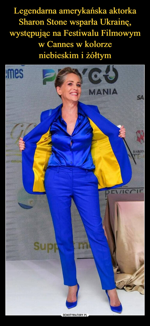 Legendarna amerykańska aktorka Sharon Stone wsparła Ukrainę, występując na Festiwalu Filmowym w Cannes w kolorze
niebieskim i żółtym