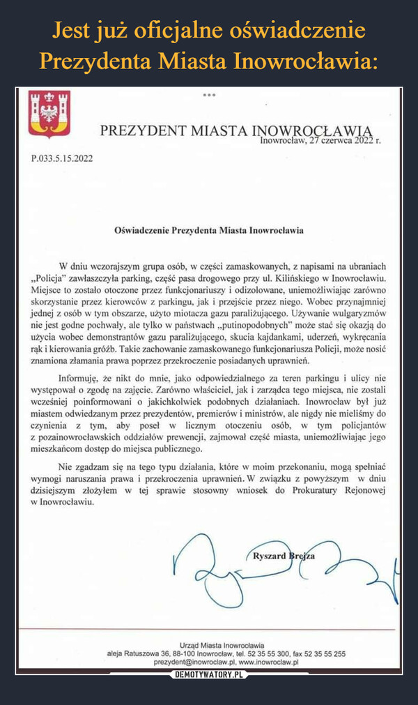 Jest już oficjalne oświadczenie Prezydenta Miasta Inowrocławia:
