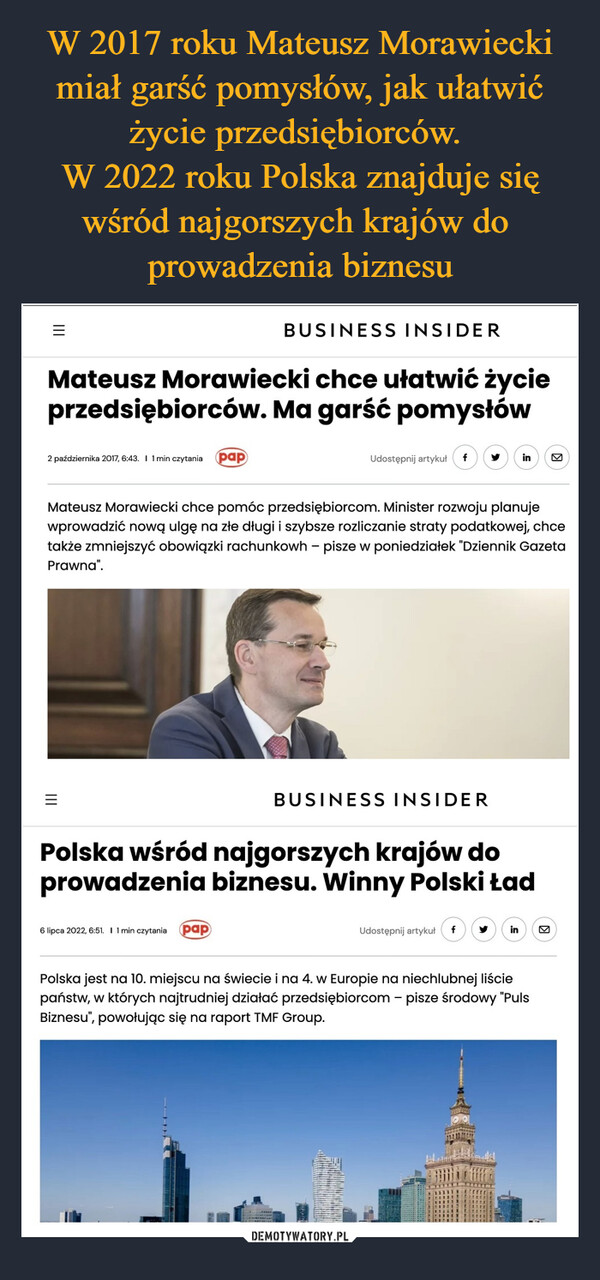 W 2017 roku Mateusz Morawiecki miał garść pomysłów, jak ułatwić życie przedsiębiorców. 
W 2022 roku Polska znajduje się wśród najgorszych krajów do 
prowadzenia biznesu