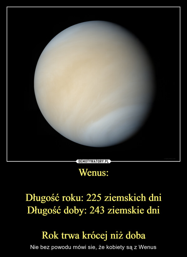 Wenus:Długość roku: 225 ziemskich dniDługość doby: 243 ziemskie dniRok trwa krócej niż doba – Nie bez powodu mówi sie, że kobiety są z Wenus 