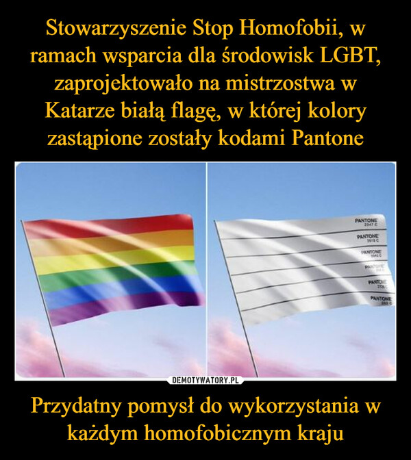 Stowarzyszenie Stop Homofobii, w ramach wsparcia dla środowisk LGBT, zaprojektowało na mistrzostwa w Katarze białą flagę, w której kolory zastąpione zostały kodami Pantone Przydatny pomysł do wykorzystania w każdym homofobicznym kraju