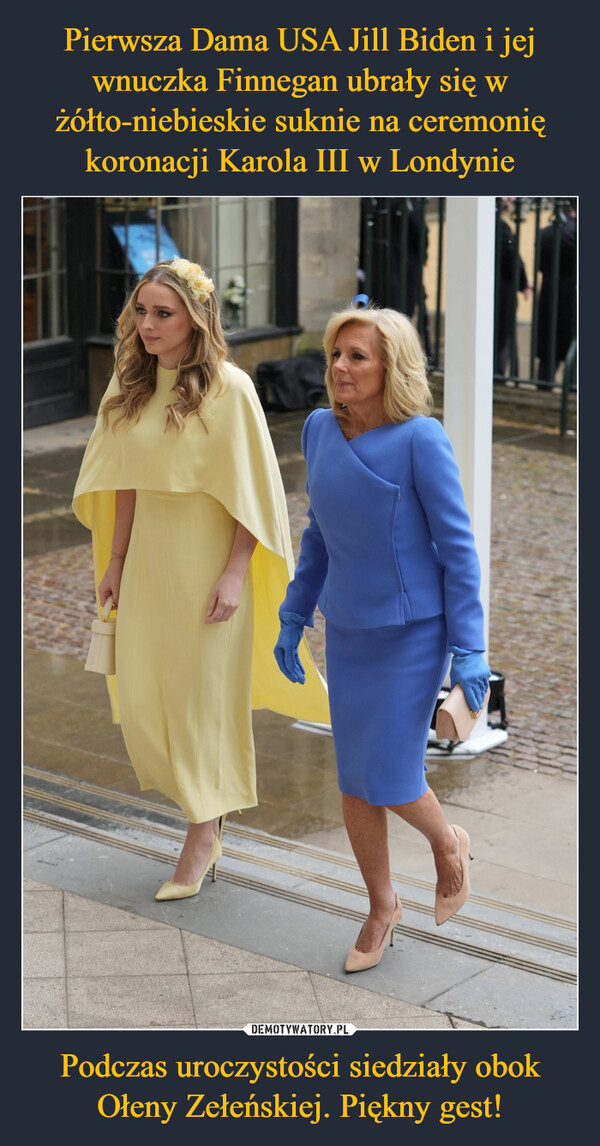 Pierwsza Dama USA Jill Biden i jej wnuczka Finnegan ubrały się w żółto-niebieskie suknie na ceremonię koronacji Karola III w Londynie Podczas uroczystości siedziały obok Ołeny Zełeńskiej. Piękny gest!