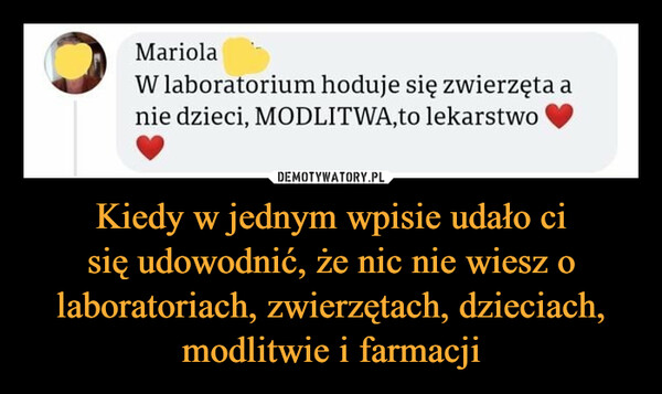 Kiedy w jednym wpisie udało cisię udowodnić, że nic nie wiesz o laboratoriach, zwierzętach, dzieciach, modlitwie i farmacji –  MariolaW laboratorium hoduje się zwierzęta anie dzieci, MODLITWA,to lekarstwokwejk.pl
