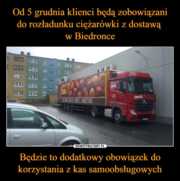 Od 5 grudnia klienci będą zobowiązani do rozładunku ciężarówki z dostawą 
w Biedronce Będzie to dodatkowy obowiązek do korzystania z kas samoobsługowych