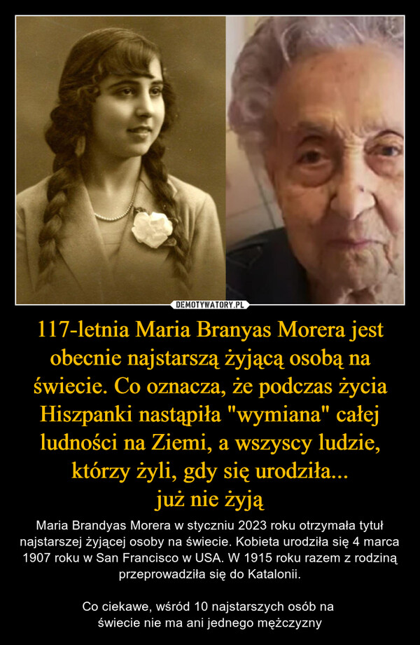 117-letnia Maria Branyas Morera jest obecnie najstarszą żyjącą osobą na świecie. Co oznacza, że podczas życia Hiszpanki nastąpiła "wymiana" całej ludności na Ziemi, a wszyscy ludzie, którzy żyli, gdy się urodziła...
już nie żyją